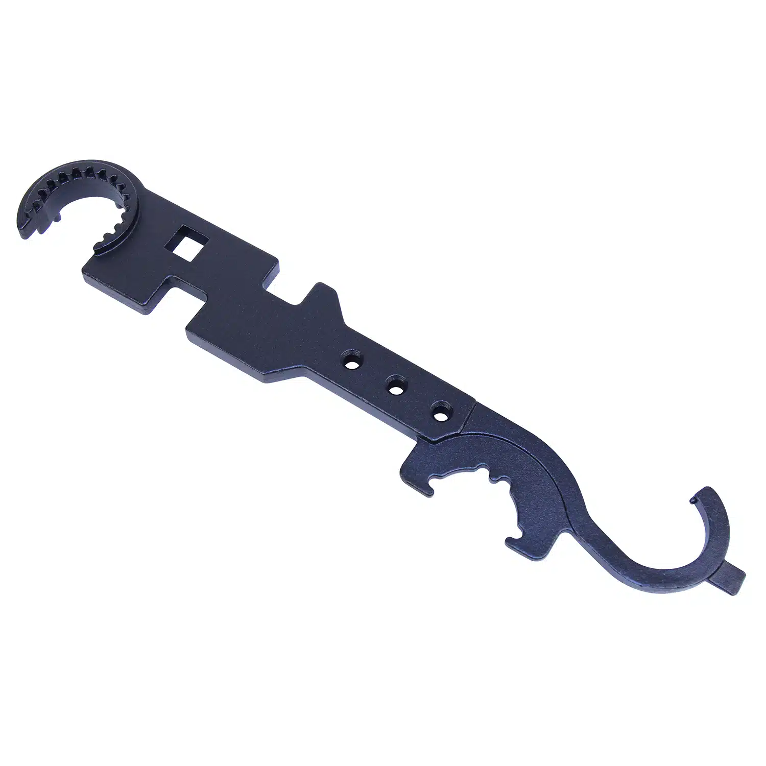 Black AR-15 armorer's wrench with multiple cutouts and hooks for 5.56 cal maintenance.