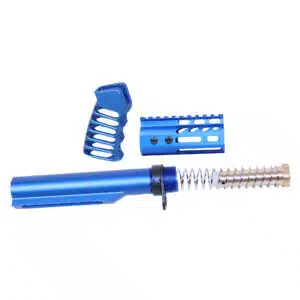 Anodized blue AR-15 pistol brace build kit components including buffer tube, handguard, grip, and spring.