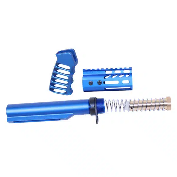 Blue anodized AR-15 rifle components: buffer tube, buffer spring, pistol grip, handguard.