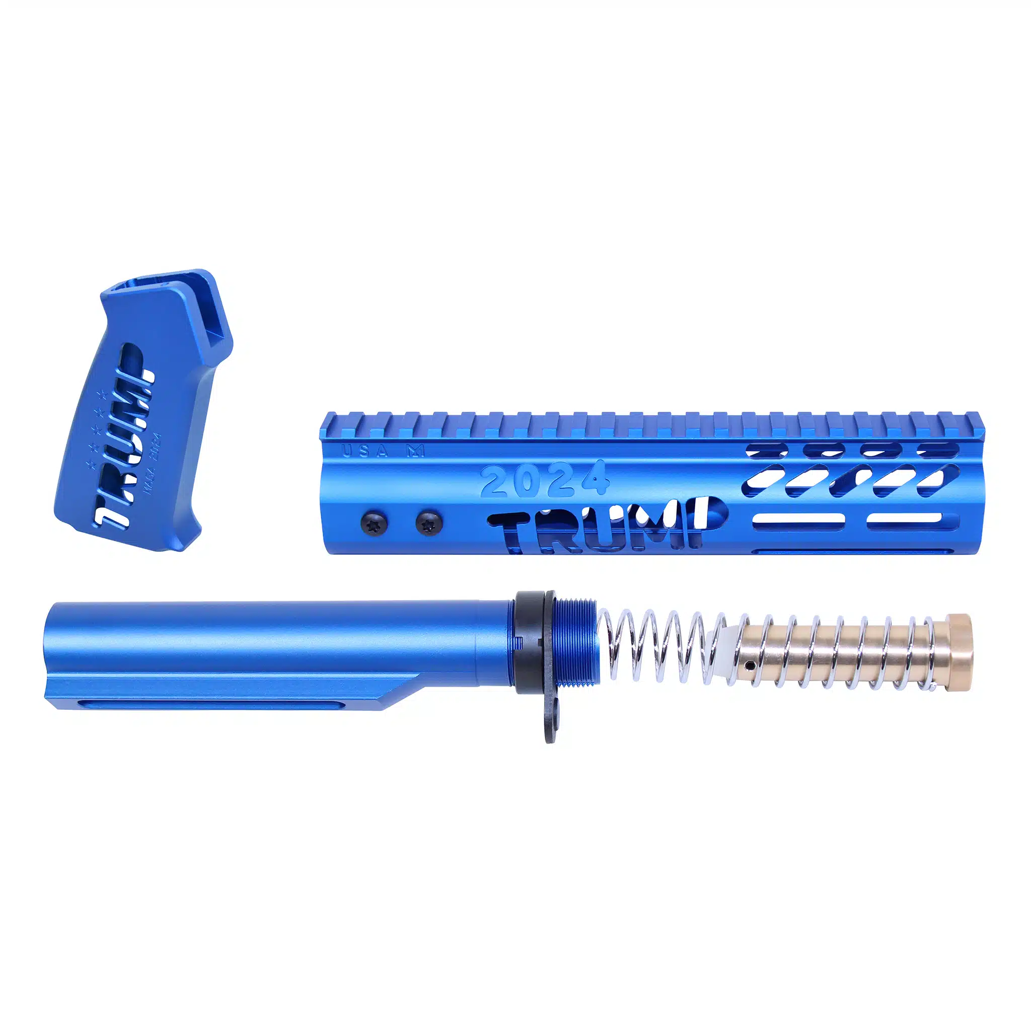 Anodized blue AR-15 pistol furniture set including skeletonized grip, M-LOK handguard, and buffer tube kit.