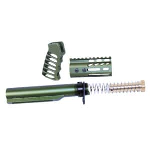 Olive green AR-15 pistol brace kit with buffer tube, ergonomic grip, and accessory rail.