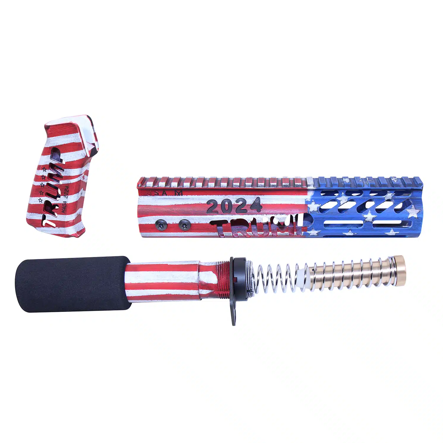 AR-15 pistol furniture set with Cerakote Battleworn finish featuring red, white, and blue stripes and stars.