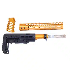 AR-15 Ultralight furniture set in anodized orange featuring a 12-inch handguard, vertical grip, and black stock with buffer tube.