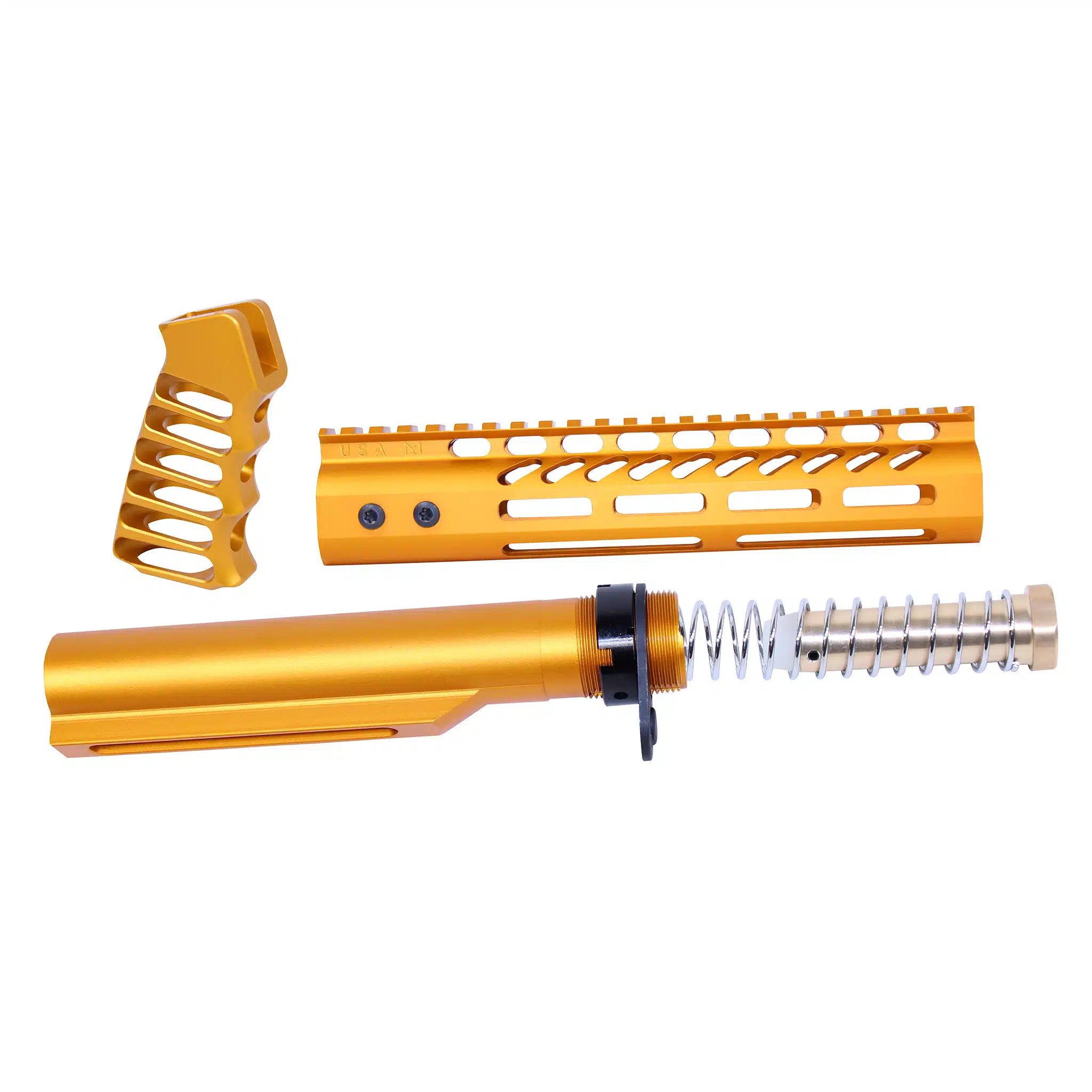AR-15 9" Pistol Brace Build Kit in Anodized Orange featuring buffer tube, handguard, and grip.