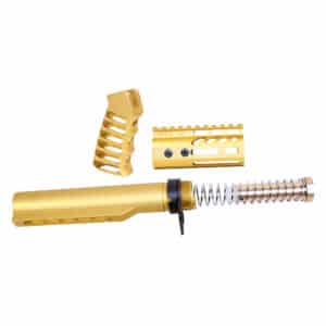 Gold anodized AR-15 components: buffer tube, pistol grip, rail system for customized firearm upgrades.