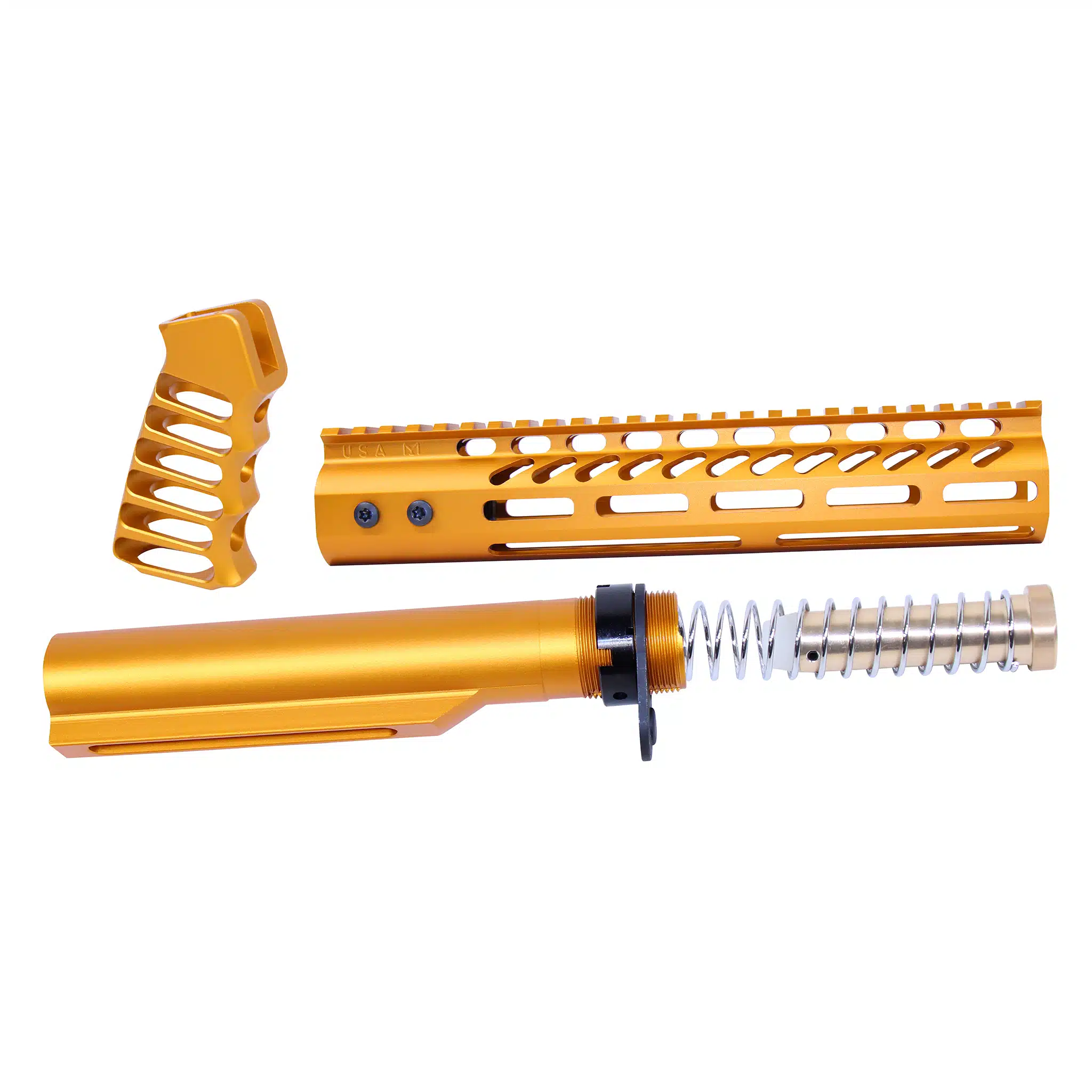 AR-15 10 inch pistol brace build kit in anodized orange finish showing buffer tube, handguard, and grip.