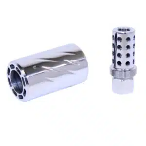 High polish AR-15 muzzle brake and QD blast shield, steel finish, threaded base