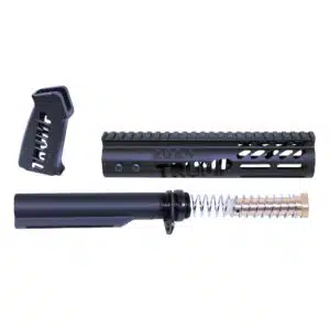 AR-15 Trump Series pistol furniture set in Anodized Black, including grip, handguard, and buffer tube