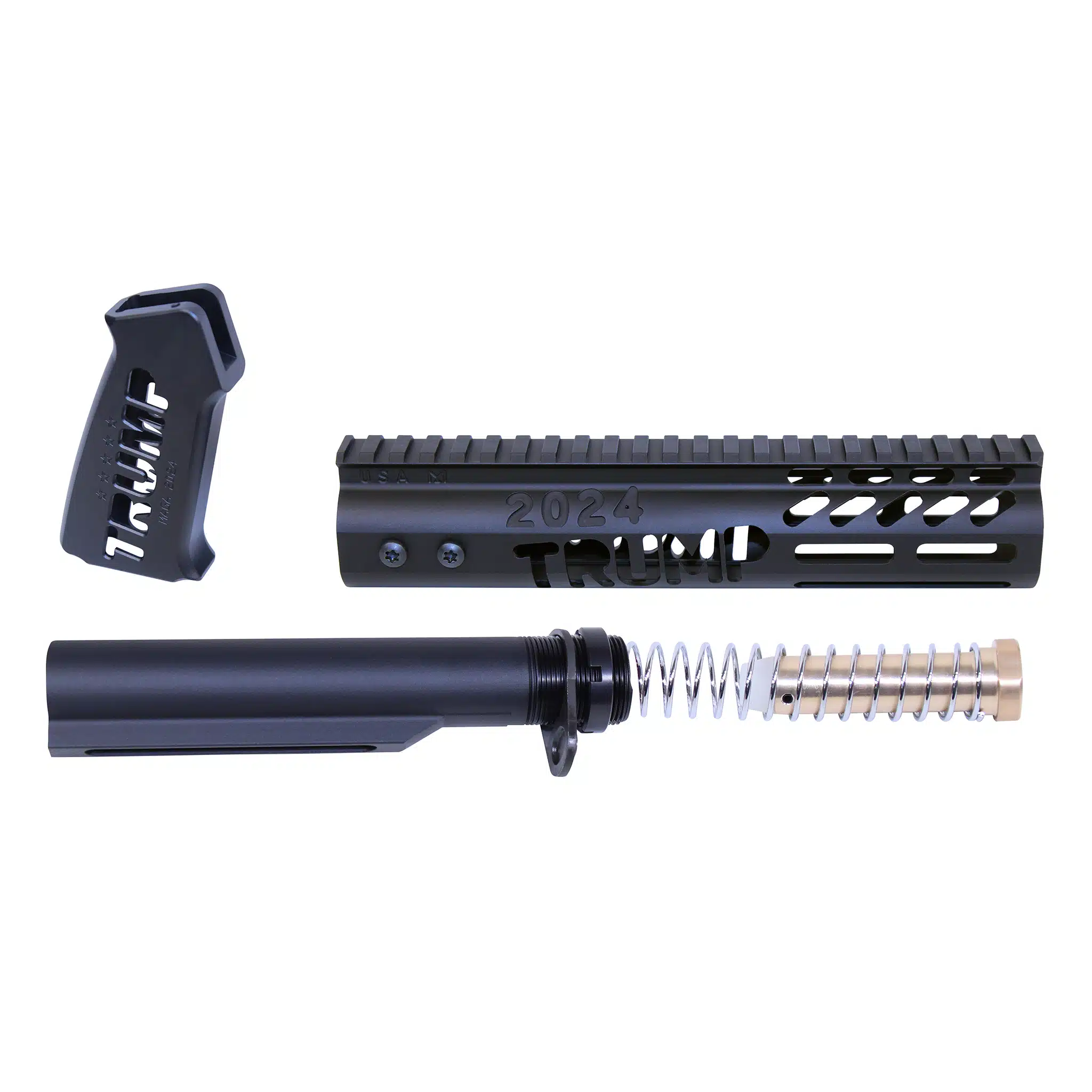 AR-15 Trump Series pistol furniture set in Anodized Black, including grip, handguard, and buffer tube