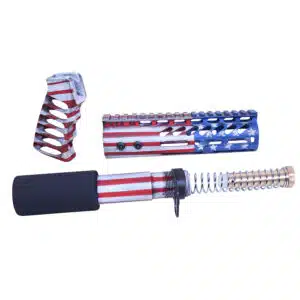 AR-15 pistol furniture set with Cerakote Battleworn finish featuring American flag design, including handguard, pistol grip, and buffer tube assembly.