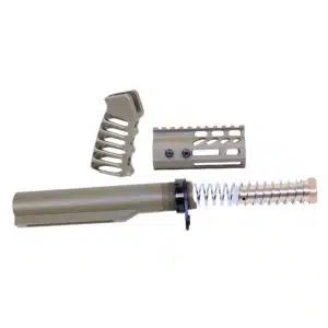 Flat Dark Earth AR-15 pistol brace build kit with buffer tube, grip, handguard, and spring