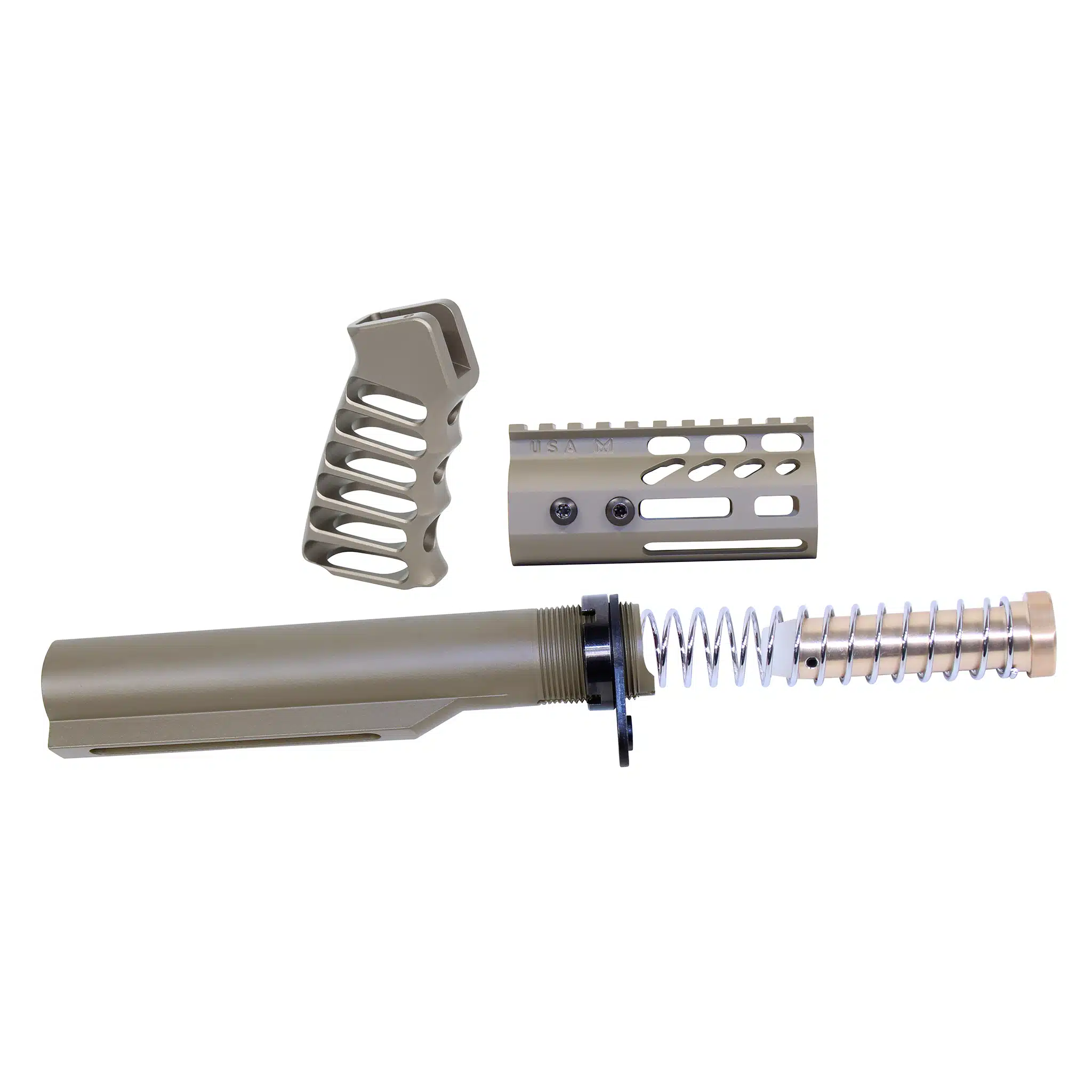 Flat Dark Earth AR-15 pistol brace build kit with buffer tube, grip, handguard, and spring