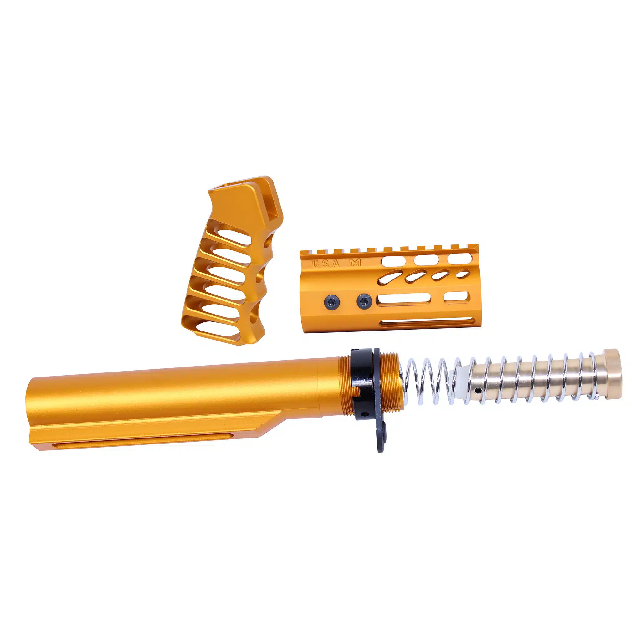 Anodized orange AR-15 pistol build kit showing buffer tube, skeletonized grip, and handguard.