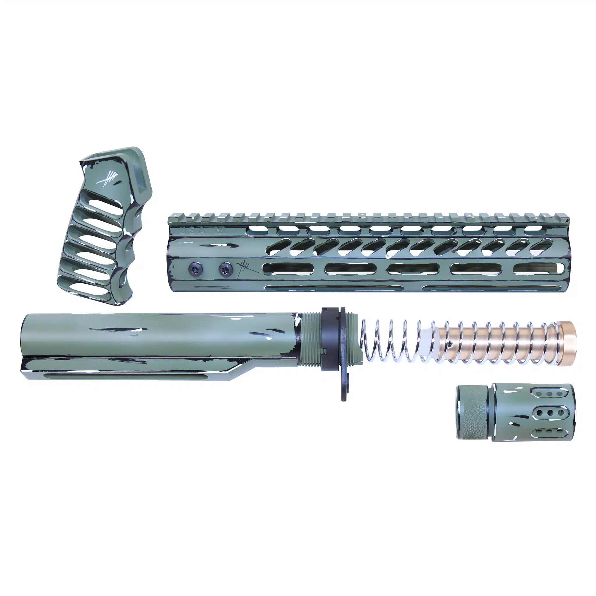 Limited Edition Cerakote Green Sketch Miltubeset kit with handguard, pistol grip, buffer tube, spring, and muzzle brake
