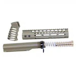 AR-15 pistol brace build kit in Flat Dark Earth showing skeletonized grip, 9-inch handguard, and buffer tube assembly