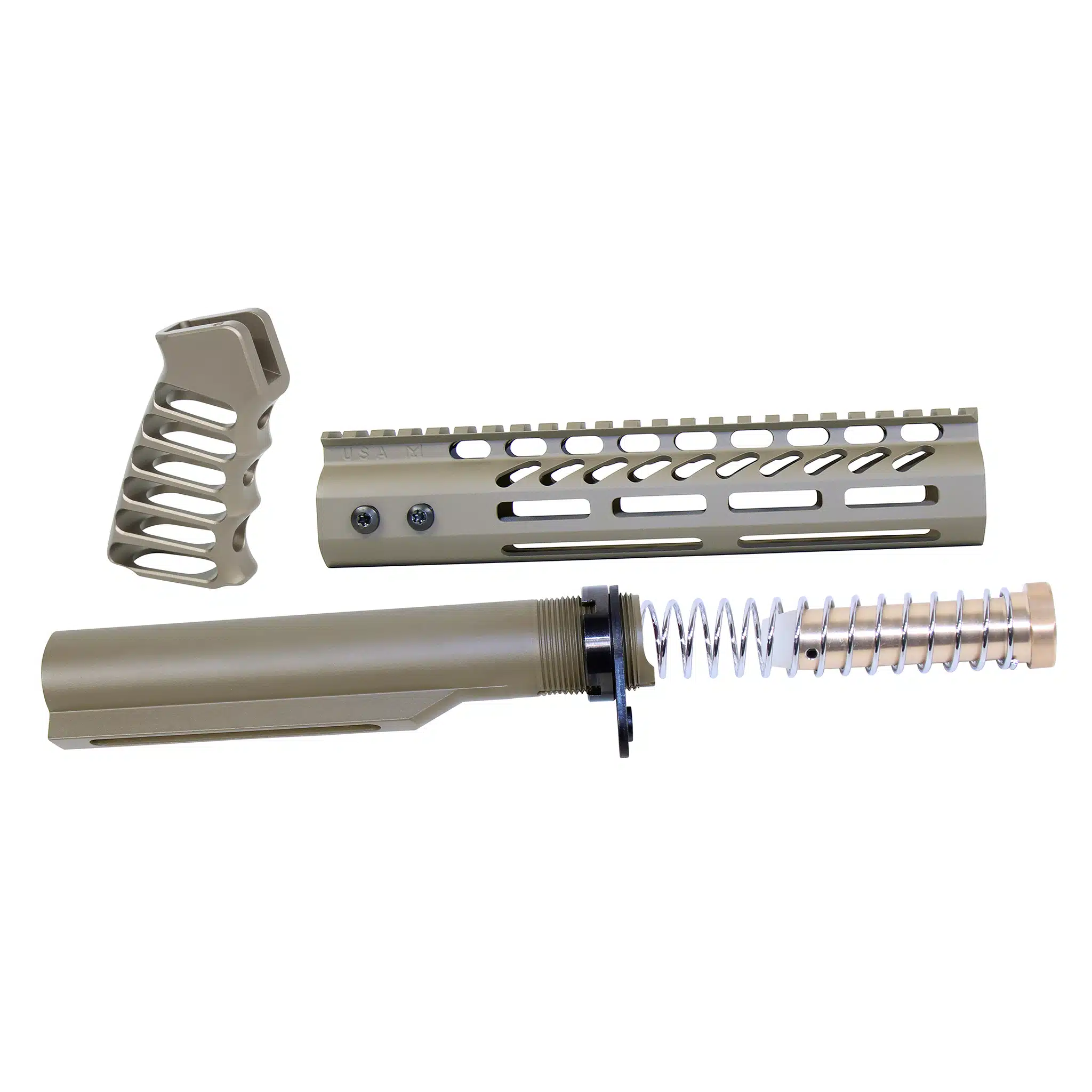 AR-15 pistol brace build kit in Flat Dark Earth showing skeletonized grip, 9-inch handguard, and buffer tube assembly