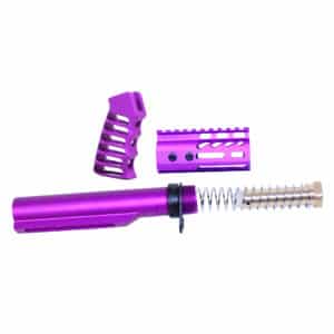 Purple anodized AR-15 kit: buffer tube, grip, handguard - stylish customization parts.