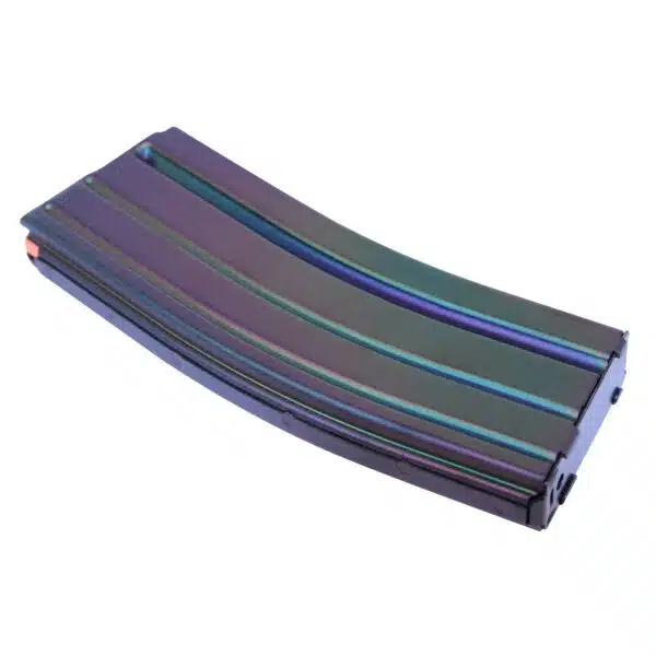 Iridescent AR-15 magazine with oil slick finish in vibrant colors for customization.