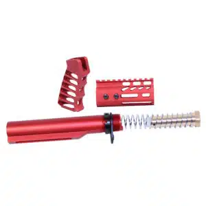 Anodized red AR-15 buffer tube, pistol grip, and handguard kit with spring and buffer.