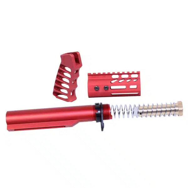 Vibrant red AR-15 parts: buffer tube, pistol grip, handguard for customization.