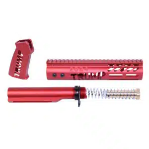 AR-15 pistol furniture set in anodized red finish including handguard, pistol grip, and buffer tube assembly.
