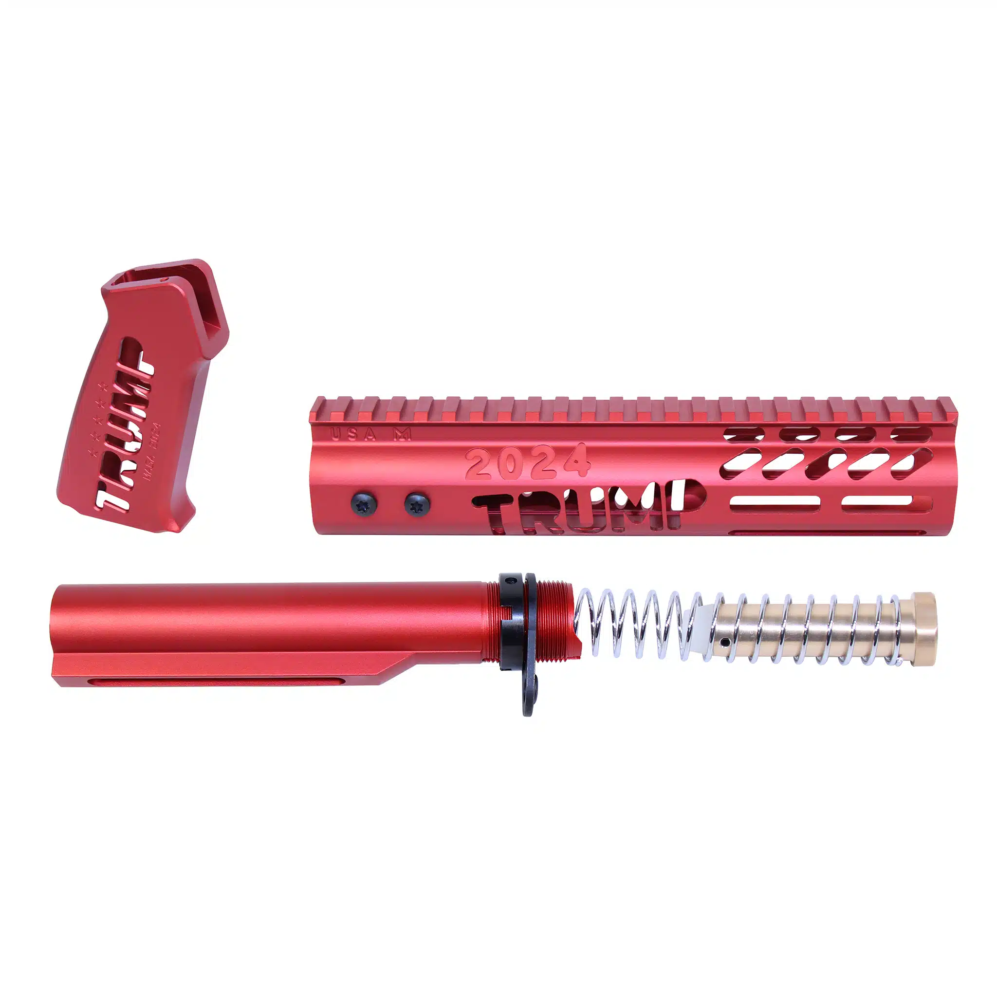 AR-15 pistol furniture set in anodized red finish including handguard, pistol grip, and buffer tube assembly.