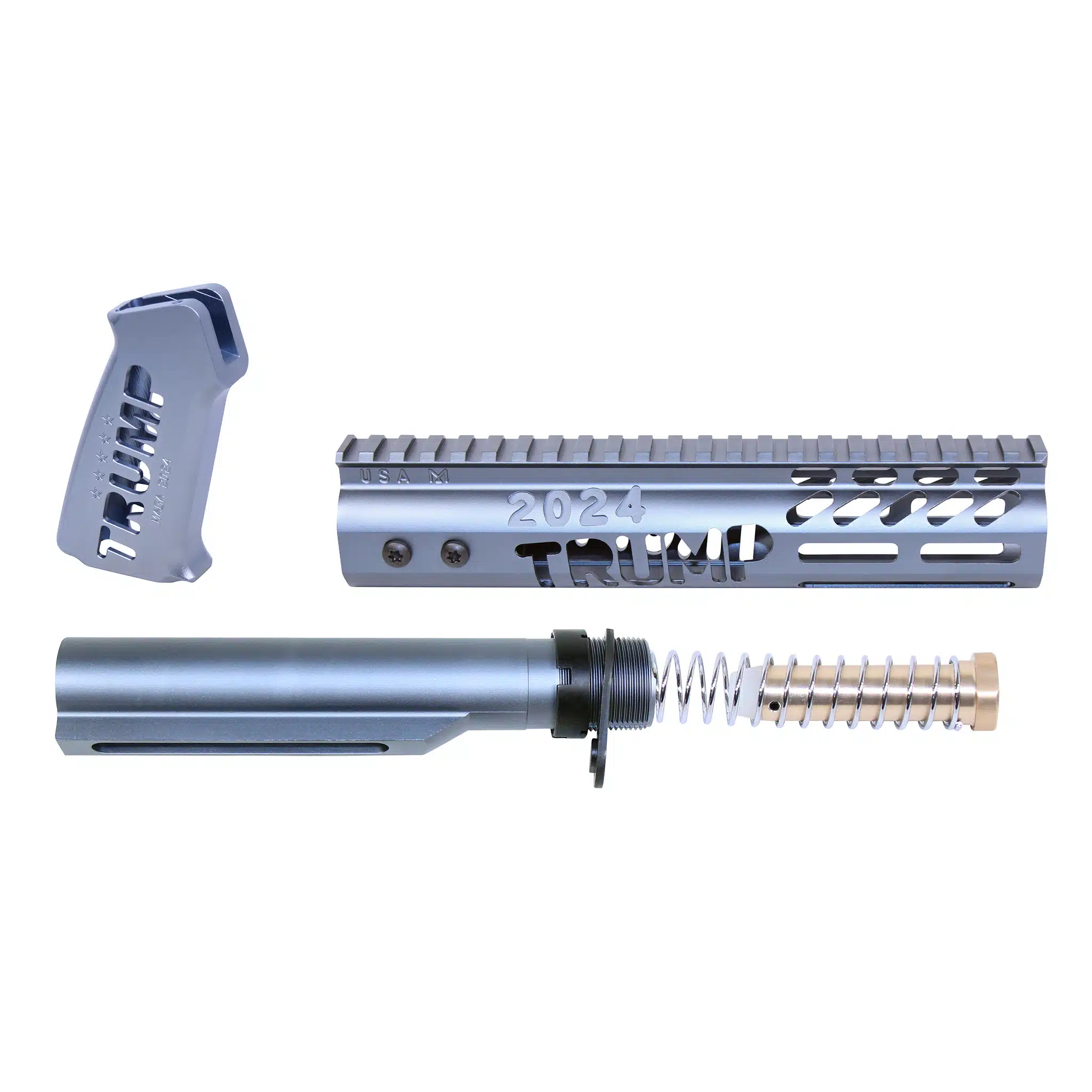 AR-15 pistol furniture set in anodized grey finish, including pistol grip, handguard, and buffer tube kit.