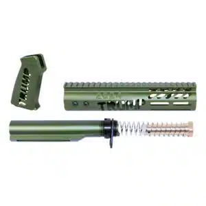 Anodized Green AR-15 pistol furniture set: skeletonized grip, M-LOK handguard, and buffer tube kit with spring.