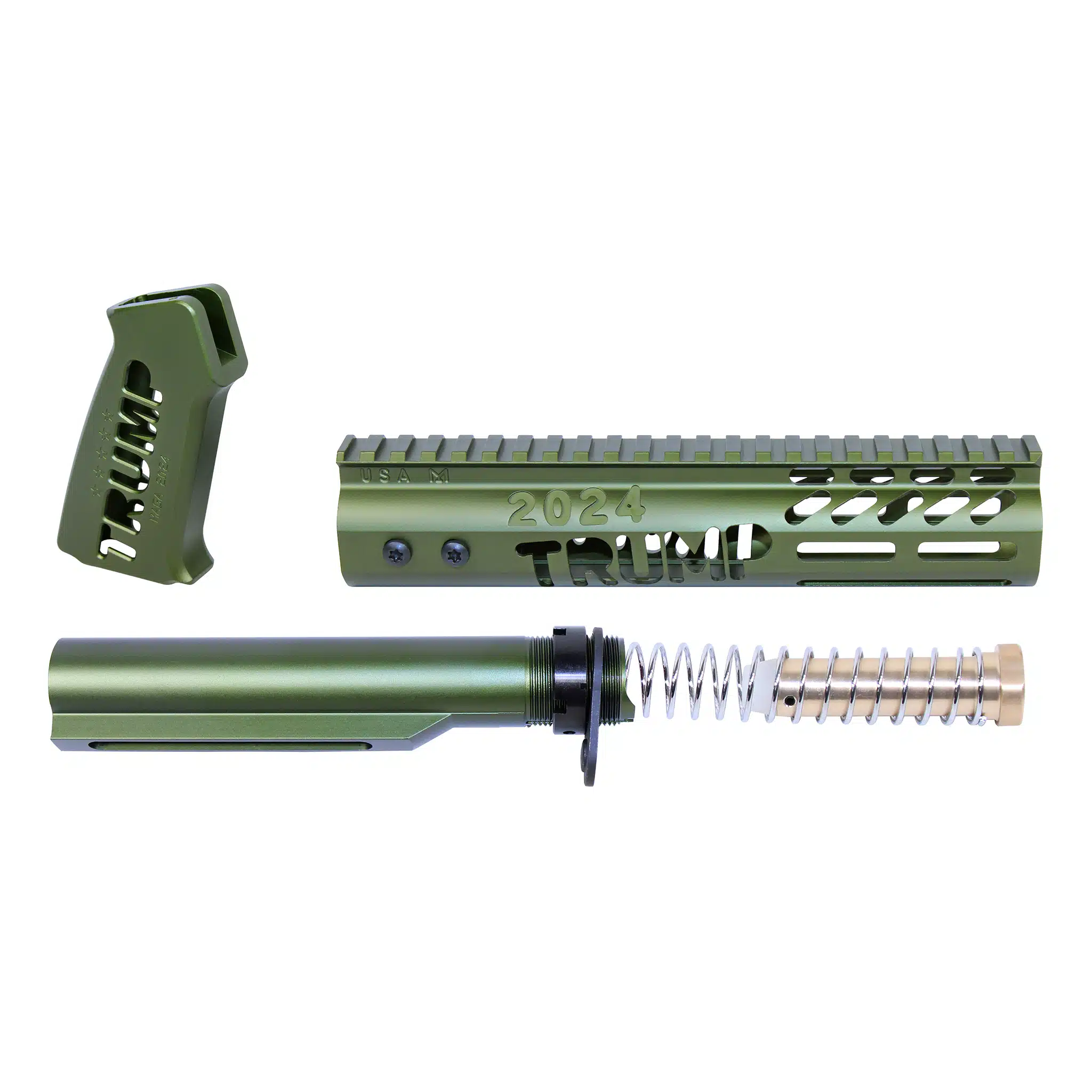 Anodized Green AR-15 pistol furniture set: skeletonized grip, M-LOK handguard, and buffer tube kit with spring.