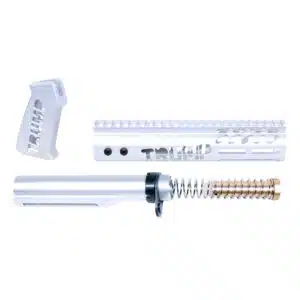Anodized clear AR-15 pistol furniture set including skeletonized grip, handguard, and buffer tube kit