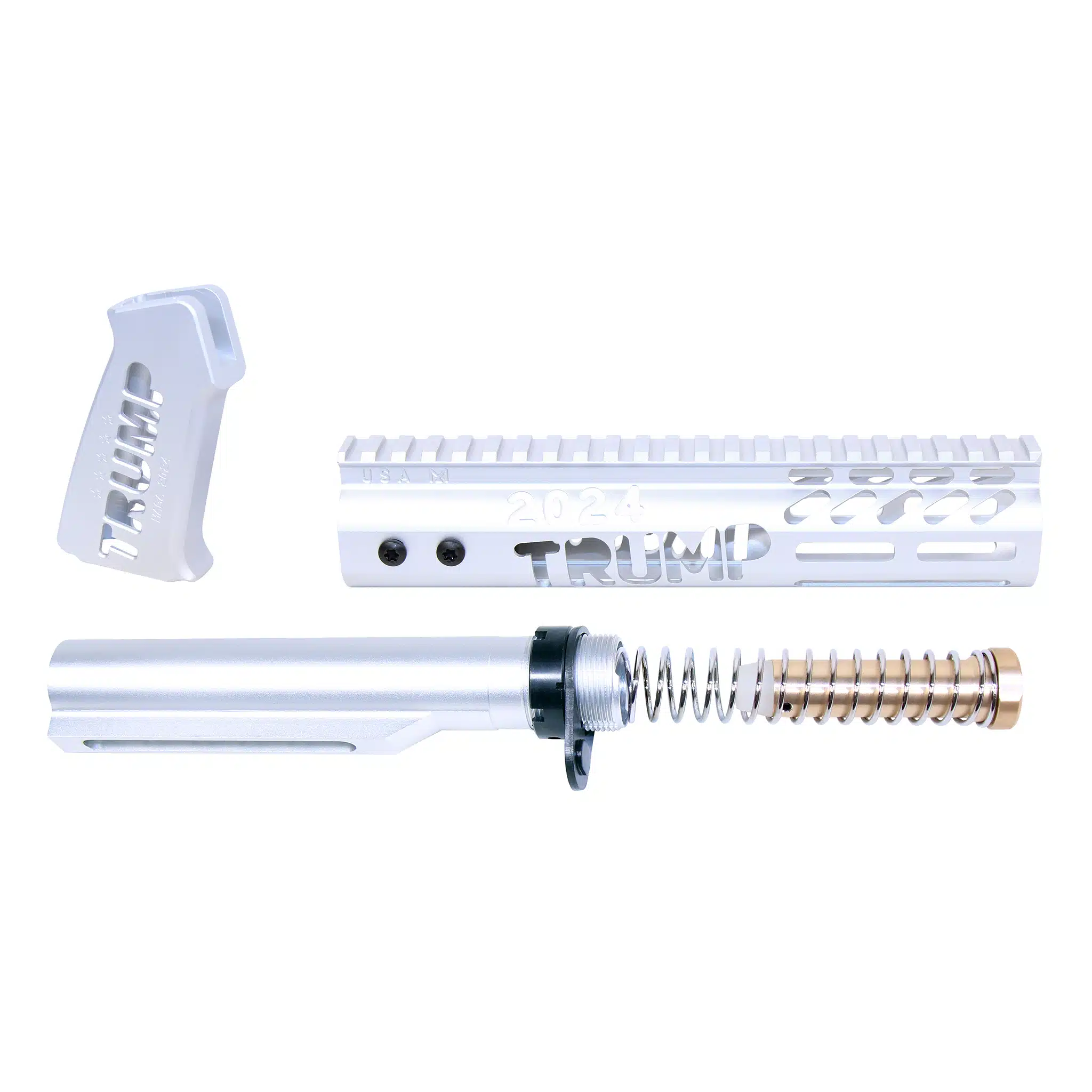 Anodized clear AR-15 pistol furniture set including skeletonized grip, handguard, and buffer tube kit