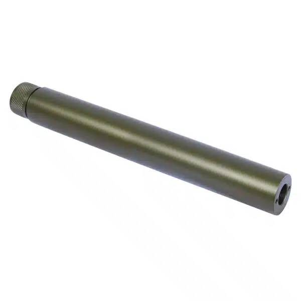 Olive-green anodized 9 AR .308 fake suppressor with smooth matte finish.
