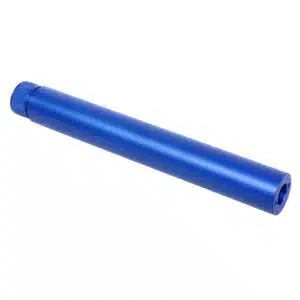 Blue anodized metal cylinder, resembling suppressor for AR .308 firearm, with precise finish.