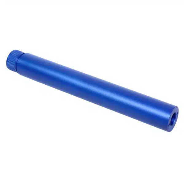 Blue anodized metal cylinder, resembling suppressor for AR .308 firearm, with precise finish.