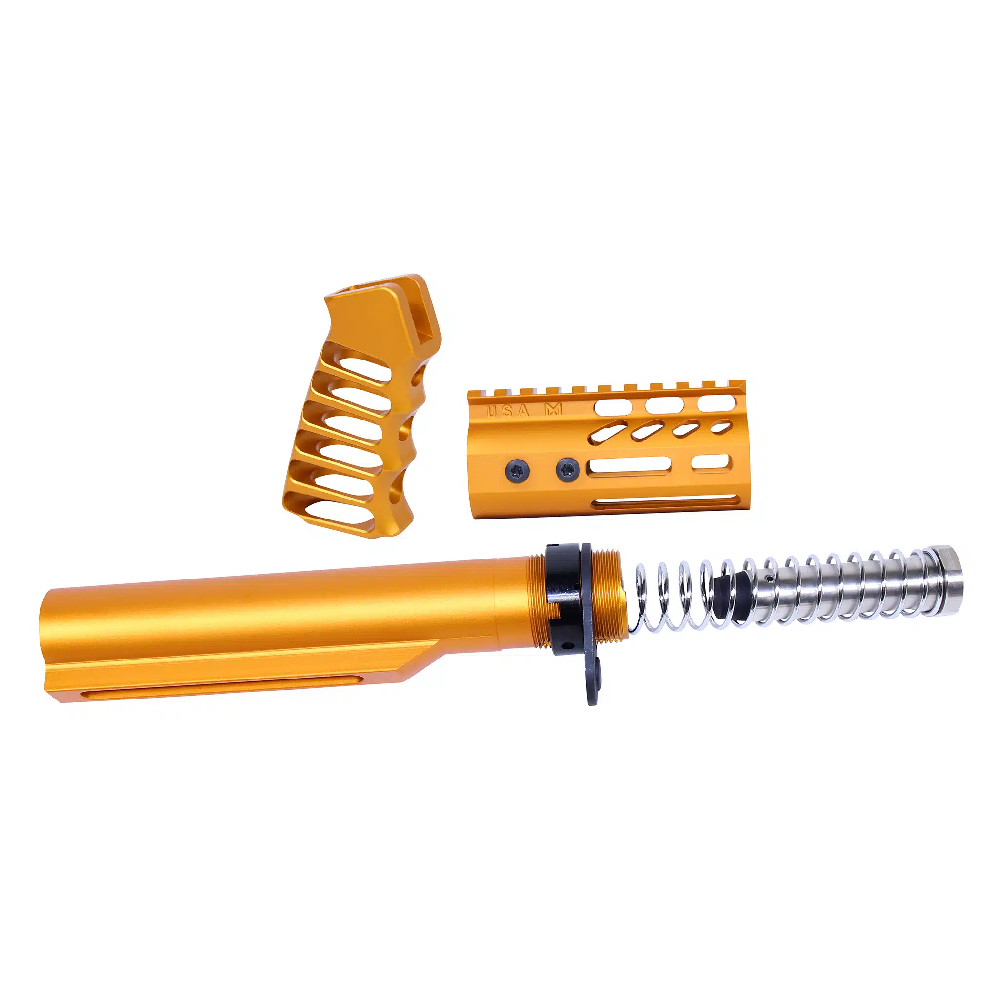 Anodized orange AR-15 pistol build kit with buffer tube, grip, and handguard