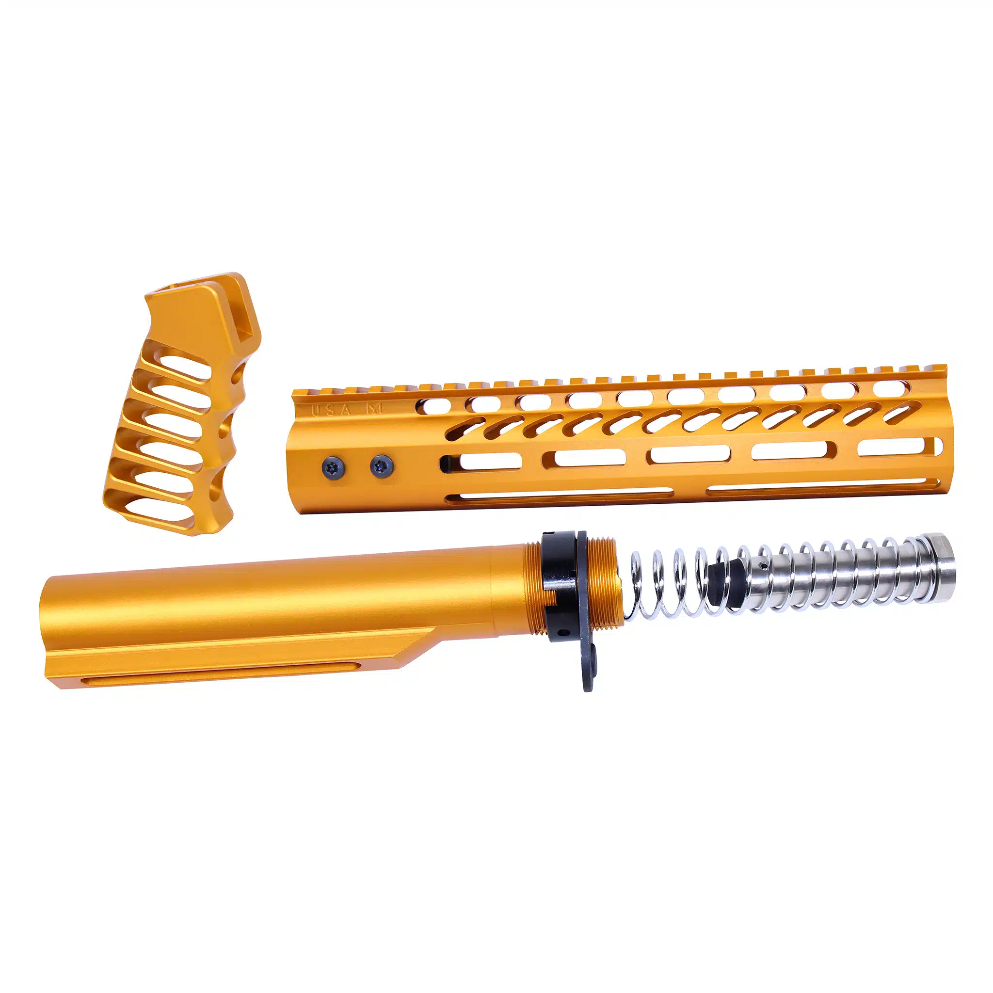 AR-15 pistol brace build kit in anodized orange featuring handguard, buffer tube, and grip
