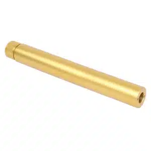 Gold anodized faux suppressor for AR .308 rifle, precision-crafted and cylindrical.