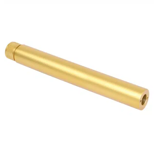 Gold anodized faux suppressor for AR .308 rifle, precision-crafted and cylindrical.