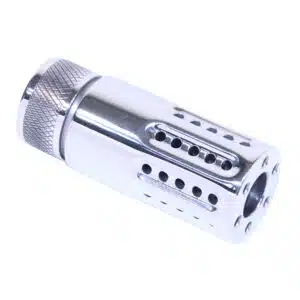 High polish AR15 barrel shroud with multi-port muzzle brake and knurled grip
