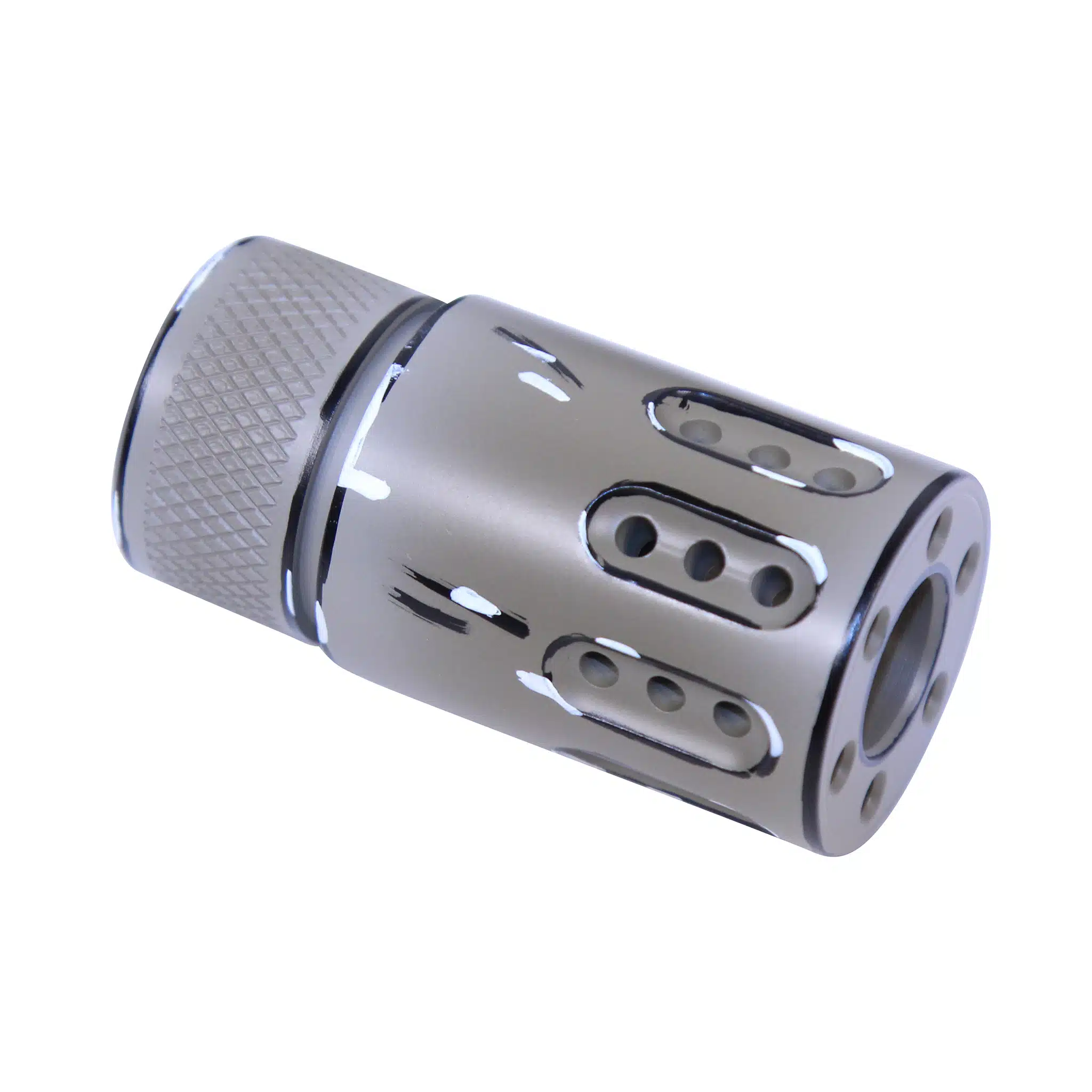 Flat Dark Earth T6 Aluminum muzzle brake with diamond knurling and three port slots
