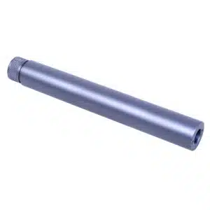 Bluish-gray cylindrical component resembling suppressor with precision-machined finish; possibly industrial use.