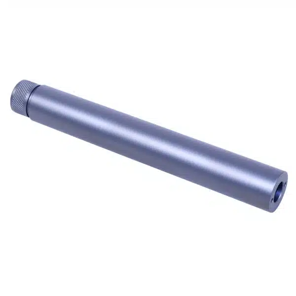 Bluish-gray cylindrical component resembling suppressor with precision-machined finish; possibly industrial use.
