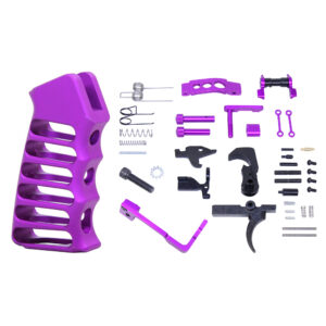 AR-15 Enhanced Lower Parts Kit With Upgrades & Skeletonized Aluminum Pistol Grip (Anodized Purple)