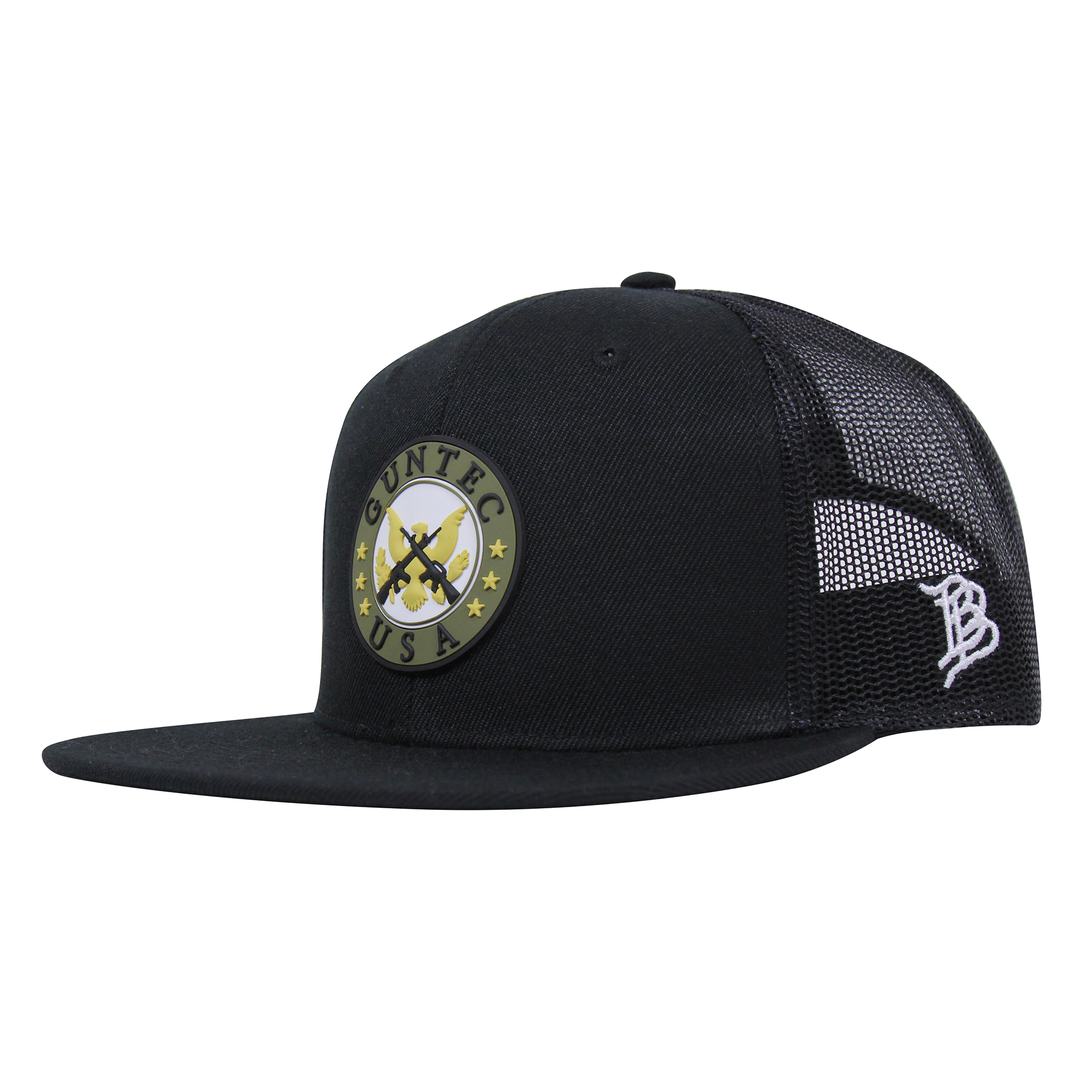 Black Guntec USA trucker hat with flat bill and rubber PVC patch