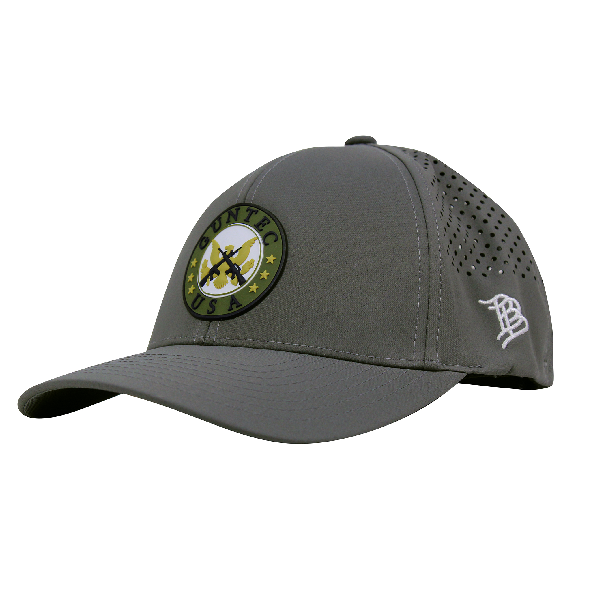 Grey Guntec USA performance curved hat with rubber PVC logo patch