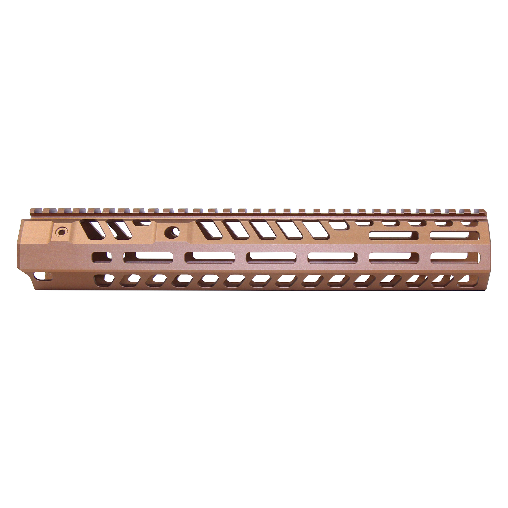Anodized Bronze 12-inch skeletonized handguard with M-LOK slots and top rail