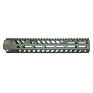 Anodized green 12-inch M-LOK handguard with skeletonized design and top rail