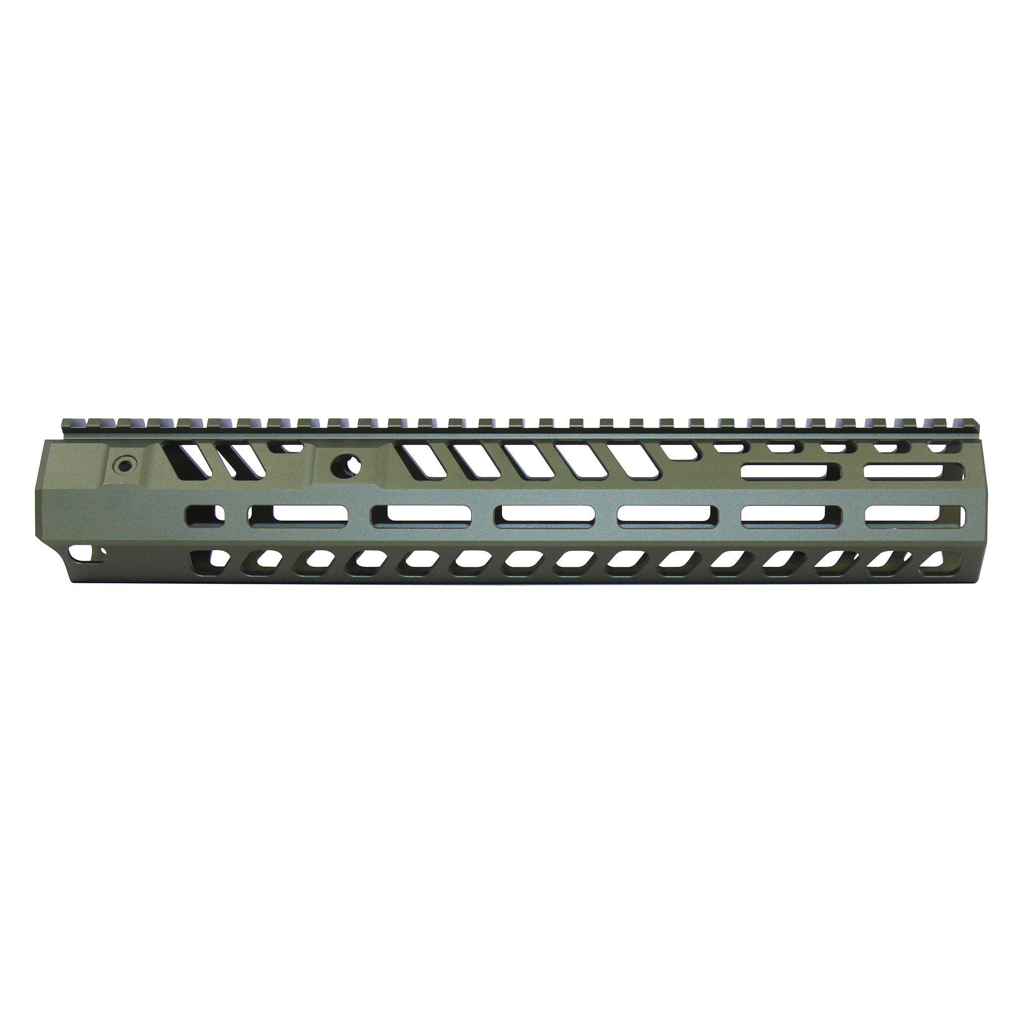 Anodized green 12-inch M-LOK handguard with skeletonized design and top rail