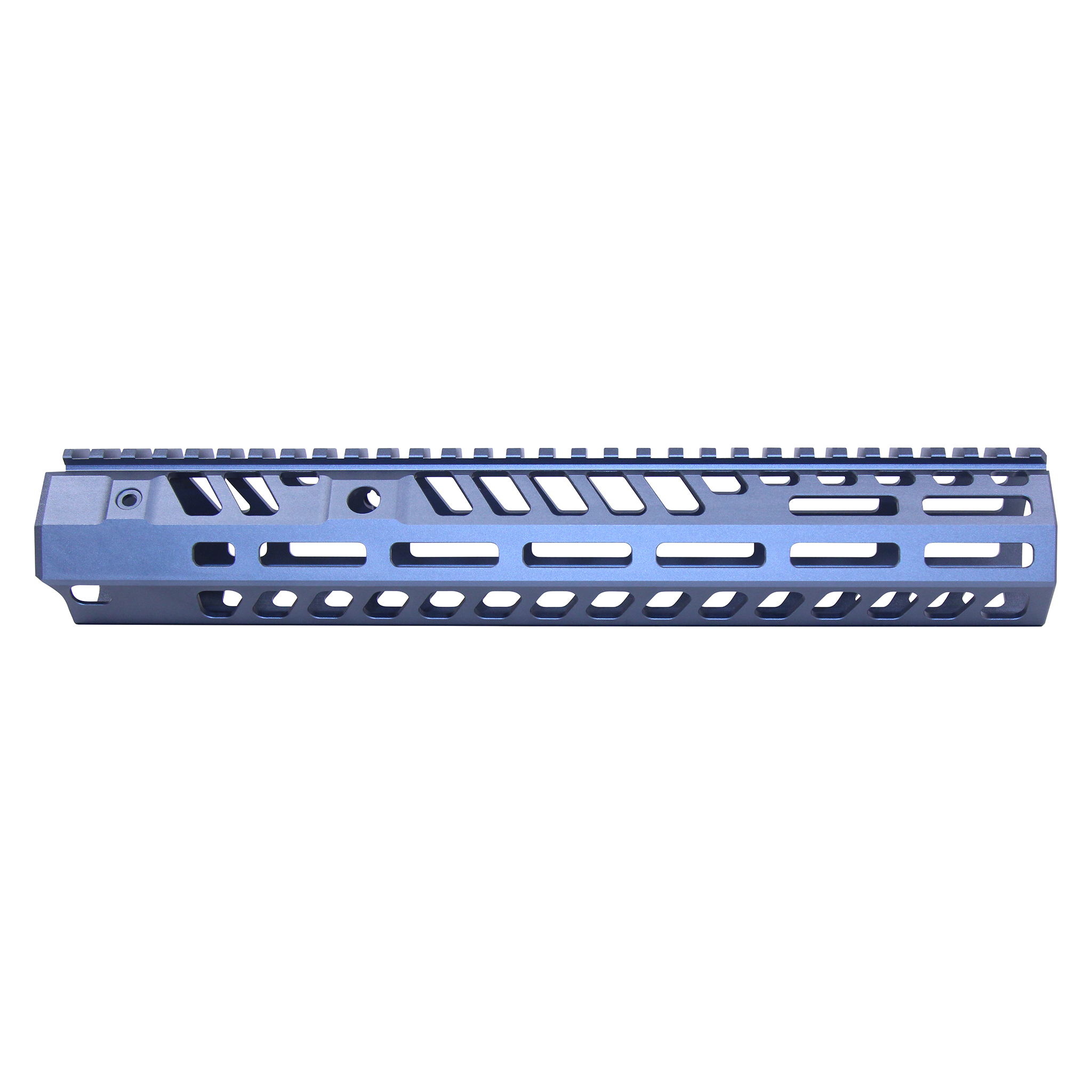 Anodized grey 12-inch skeletonized handguard with M-LOK slots and top rail