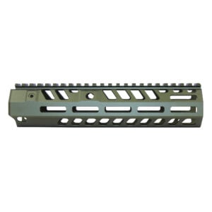 Anodized green 9-inch M-LOK handguard with skeletonized cutouts and top rail